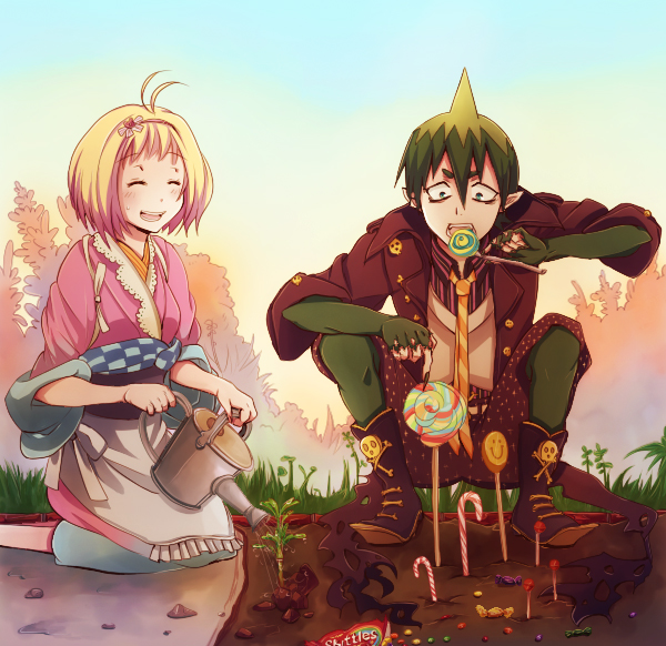 1girl amaimon ao_no_exorcist barefoot blonde_hair blush bob_cut candy candy_cane dirt food garden japanese_clothes kimono lollipop moriyama_shiemi nature pointy_ears sarakrista short_hair sitting skittles smile spiked_hair