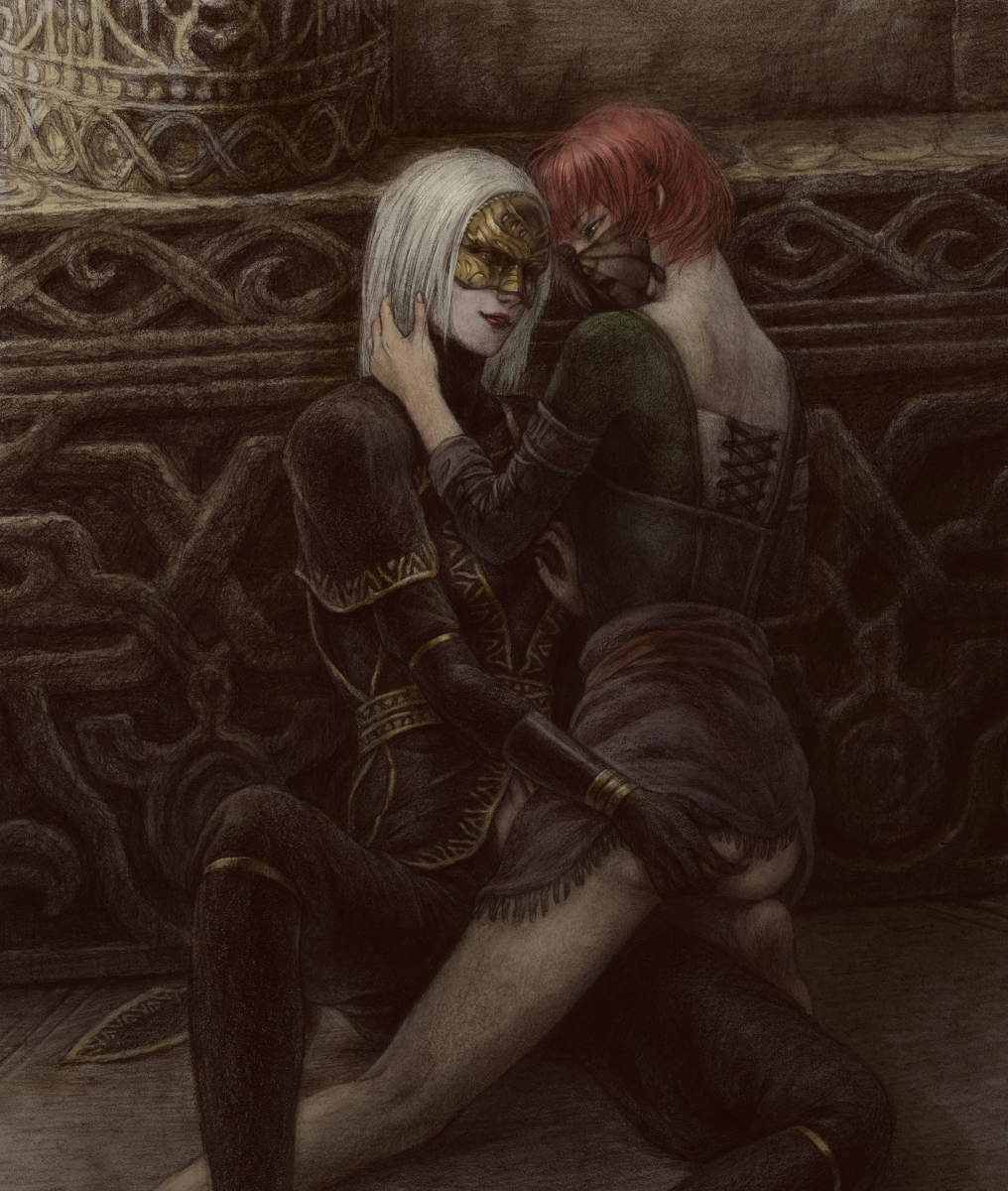 2girls artist_request ass ass_grab belt black_clothes corset demon's_souls demon's_souls from_software gloves highres legs mask mephistopheles mephistopheles_(demon's_souls) multiple_girls original red_hair short_hair skirt souls_(from_software) thief thighs touching traditional_media white_hair yuri