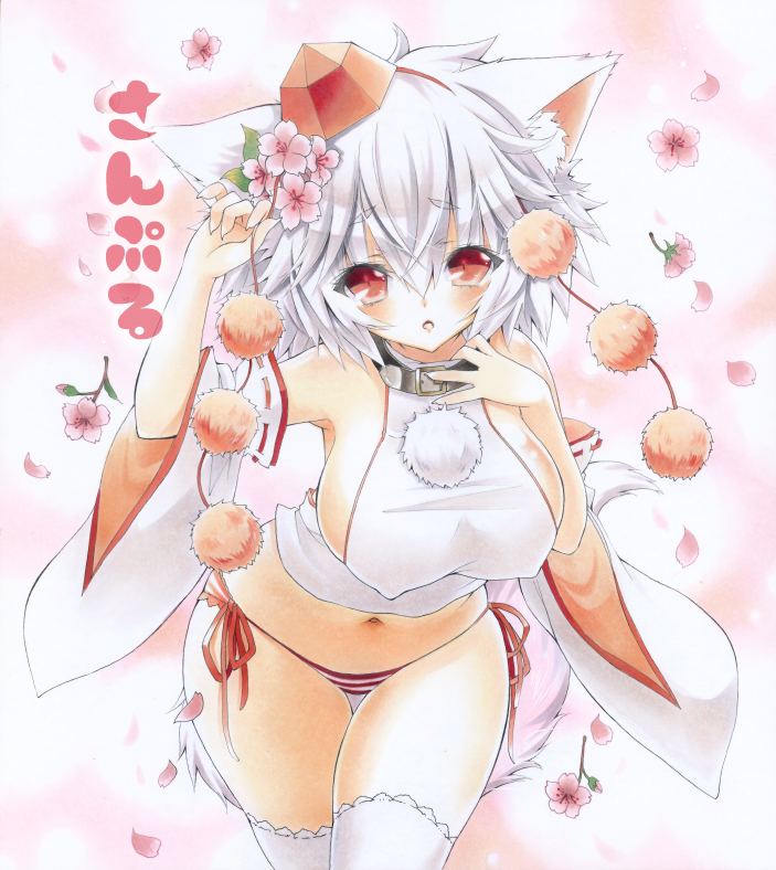 :o animal_ears ayuayu bad_id bad_pixiv_id bare_shoulders blush breasts cherry_blossoms collar covered_nipples detached_sleeves hat inubashiri_momiji large_breasts looking_at_viewer navel panties petals sample short_hair side-tie_panties solo striped striped_panties tail thighhighs tokin_hat touhou traditional_media underwear white_hair white_legwear wolf_ears wolf_tail
