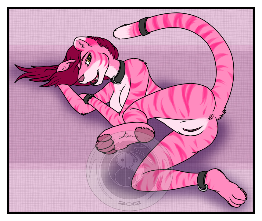 anklet annoying_watermark anthro anus breasts butt collar drakainadawn feline female fur hair happy mammal nude pink_fur presenting purple_hair pussy solo stripes tail_ring tiger watermark wristband yellow_eyes