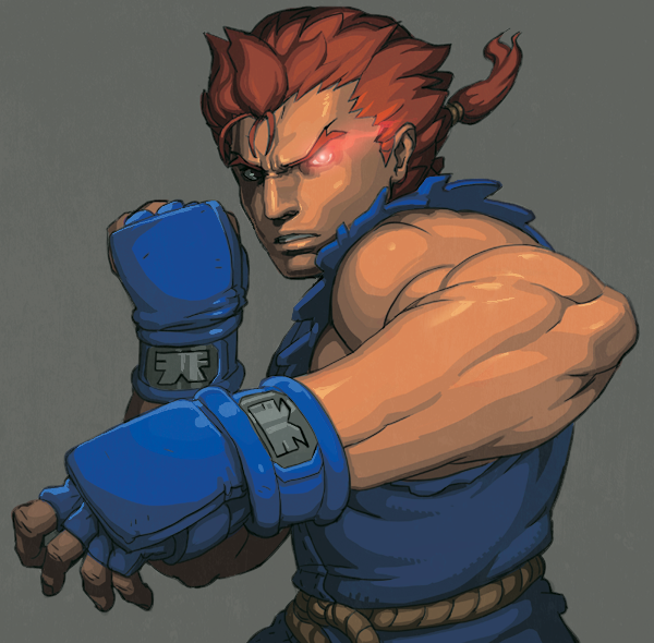 alternate_hairstyle armor dark_skin dark_skinned_male fingerless_gloves gloves glowing glowing_eye gouki japanese_armor kote male_focus muscle oetarou red_eyes red_hair short_ponytail solo street_fighter younger