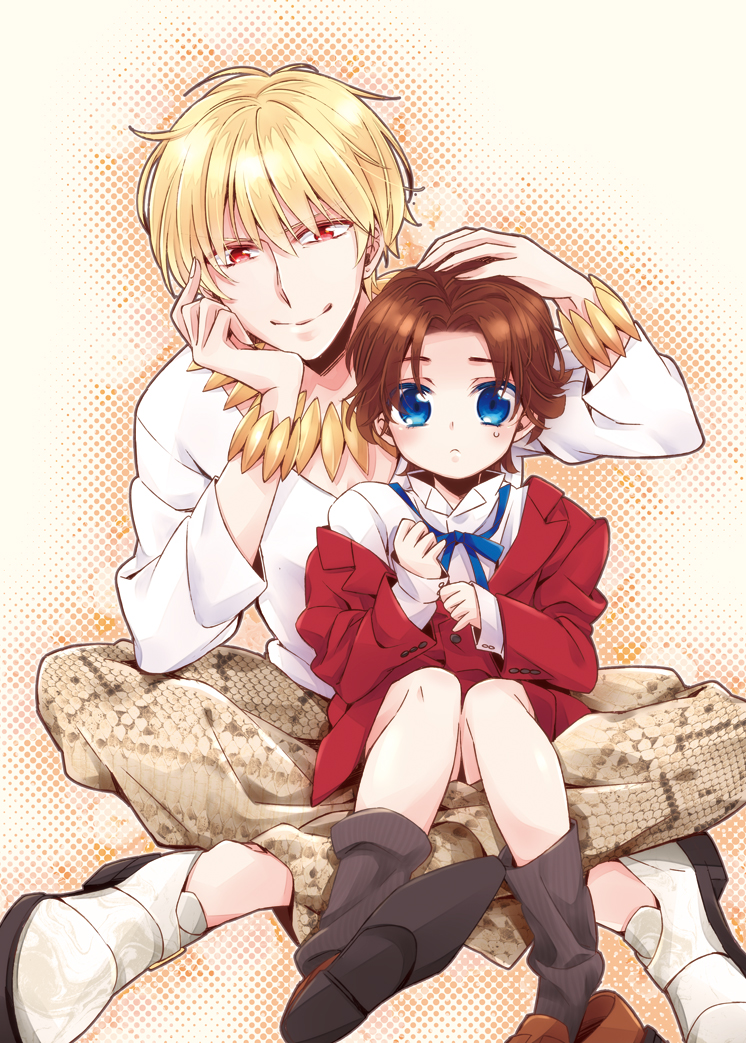 age_regression bad_id bad_pixiv_id blonde_hair blue_eyes bracelet brown_hair fate/stay_night fate/zero fate_(series) gilgamesh gucce222 jewelry male_focus multiple_boys necklace oversized_clothes red_eyes sitting toosaka_tokiomi younger