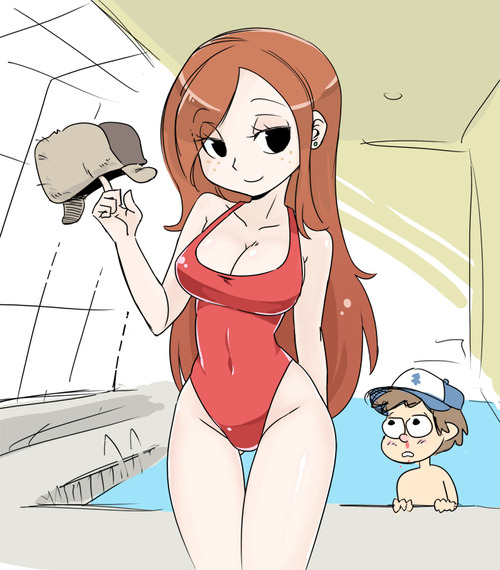 1boy 1girl blood breasts brown_hair cleavage dipper_pines gravity_falls indoors large_breasts looking_at_viewer nosebleed one-piece_swimsuit pool red_hair rei_no_pool shepherd0821 smile swimsuit teenage_girl_and_younger_boy wendy_corduroy
