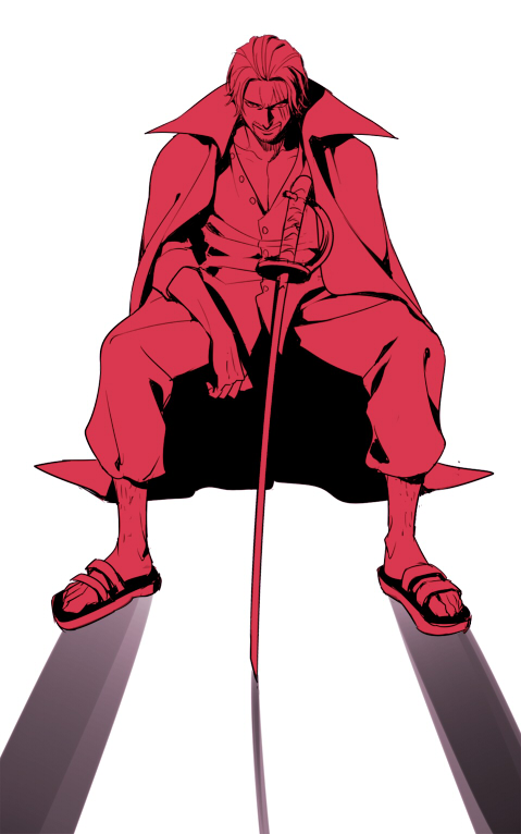 1boy amputee collared_shirt jacket_on_shoulder looking_at_viewer male male_focus mocchiri_oyaji monochrome one_piece open_collar red saber_(weapon) sandals shanks shirt sitting solo source sword weapon