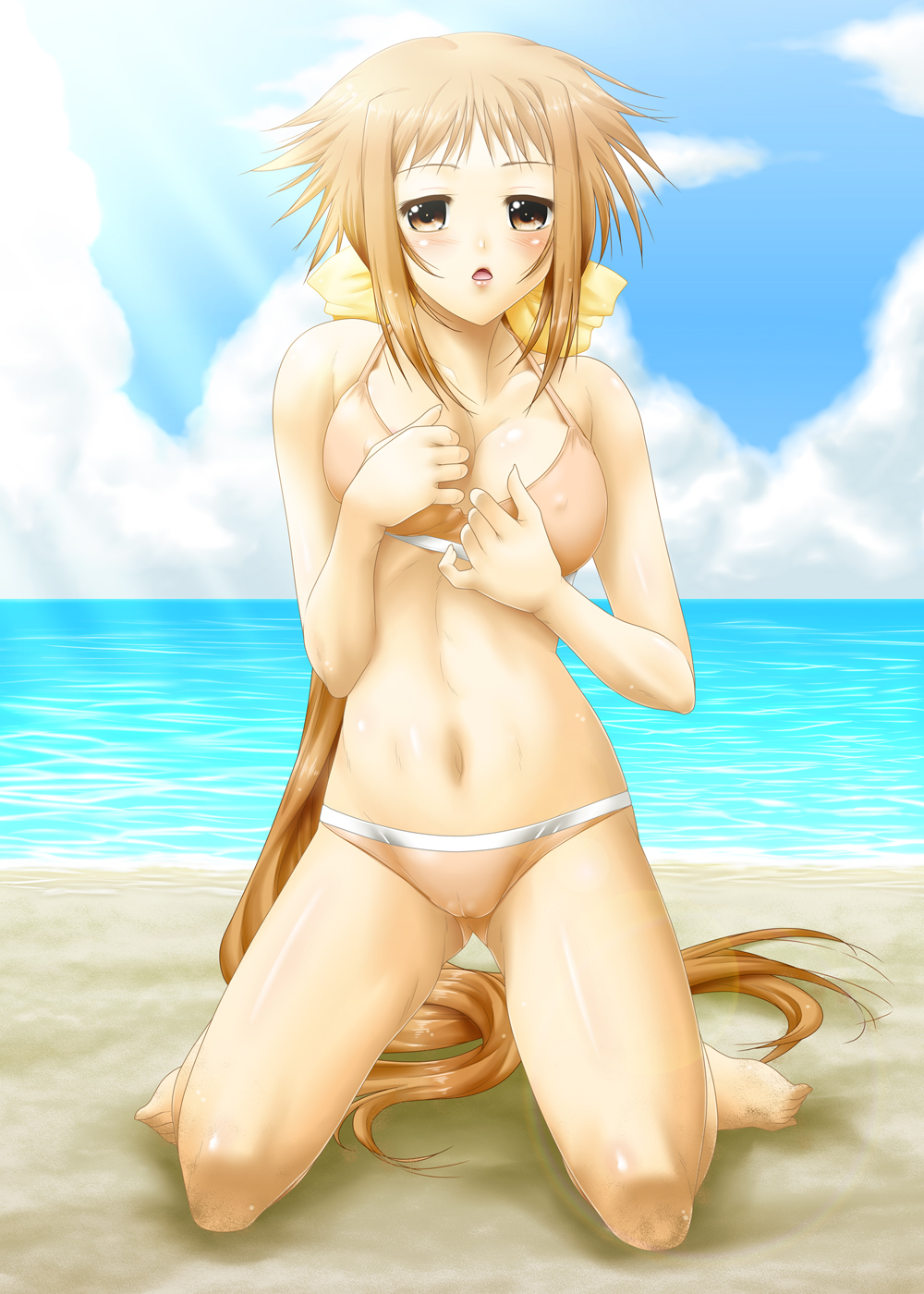 ayato bad_id bad_pixiv_id beach bikini brown_eyes brown_hair cameltoe day dieci_(nanoha) highres kneeling long_hair lyrical_nanoha mahou_shoujo_lyrical_nanoha_strikers numbers_(nanoha) sand solo swimsuit