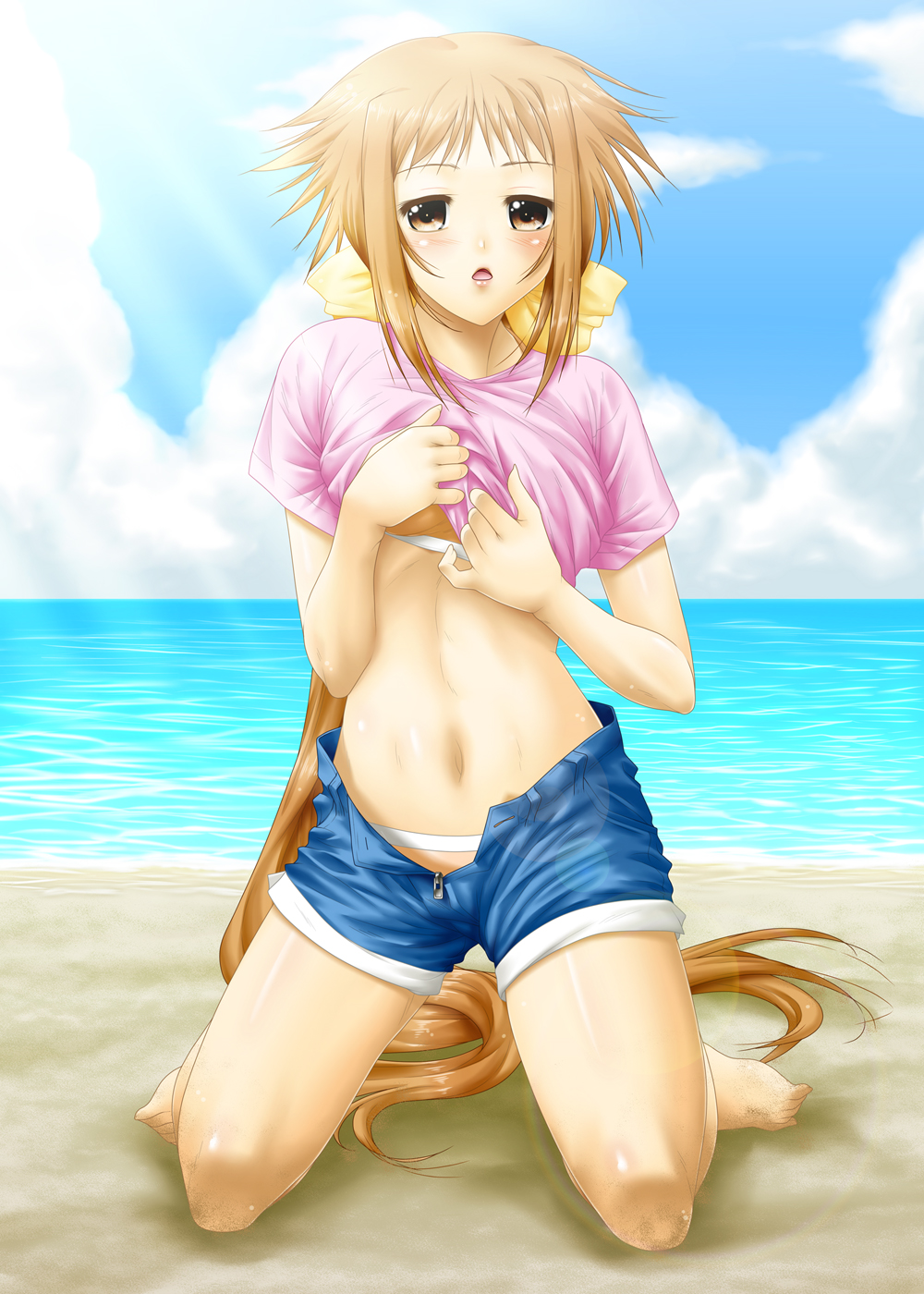 ayato bad_id bad_pixiv_id bikini bikini_under_clothes brown_eyes brown_hair denim denim_shorts dieci_(nanoha) highres kneeling long_hair lyrical_nanoha mahou_shoujo_lyrical_nanoha_strikers numbers_(nanoha) open_fly sand shirt shirt_lift shorts solo swimsuit swimsuit_under_clothes t-shirt unbuttoned unzipped very_long_hair