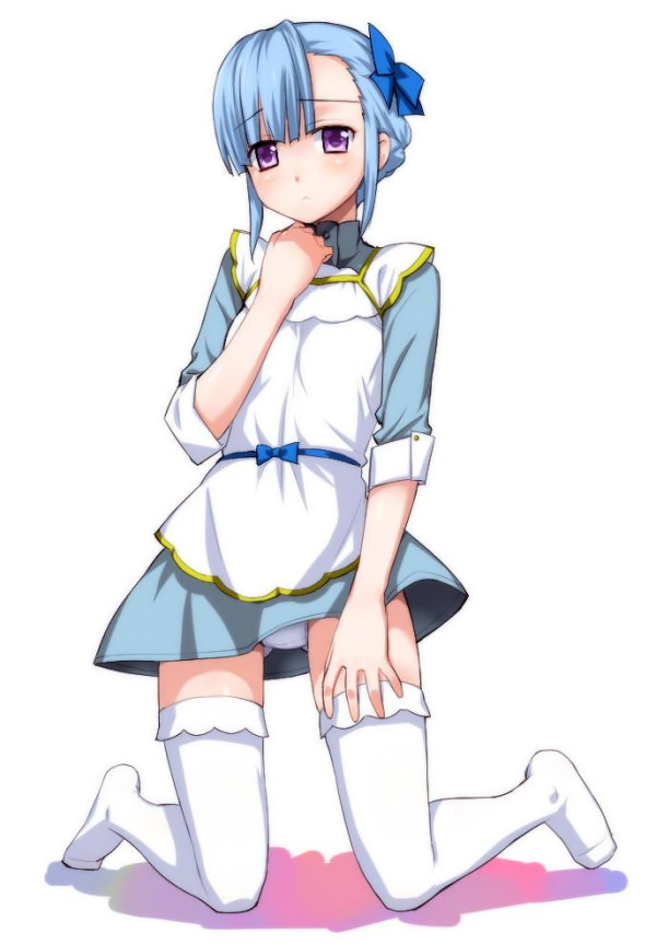 apron bangs be_with_hiroshi_uniform blue_bow blue_dress blue_hair bow dress fin_e_ld_si_laffinty hair_bow hand_on_own_chest kneeling panties pantyshot pantyshot_(kneeling) parted_bangs purple_eyes rinne_no_lagrange short_hair sleeves_rolled_up solo thighhighs underwear waitress white_apron white_legwear white_panties yaya_hinata