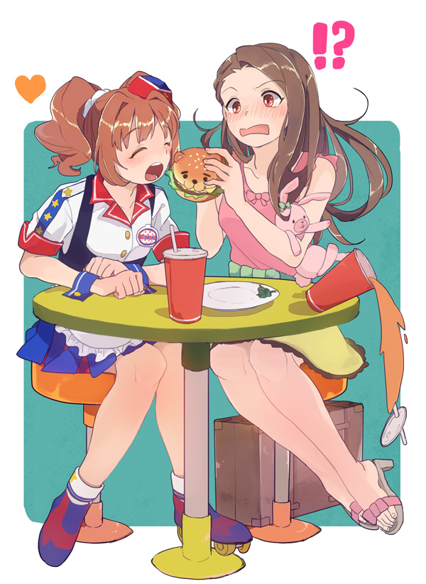 bad_id bad_pixiv_id badge bunny burger_skater_(idolmaster) button_badge buttons closed_eyes drink feeding food hamburger heart idolmaster idolmaster_(classic) minase_iori multiple_girls onaramaru open_mouth open_toe_shoes red_eyes roller_skates shoes sitting skates spill star stuffed_animal stuffed_bunny stuffed_toy suitcase table takatsuki_yayoi twintails uniform