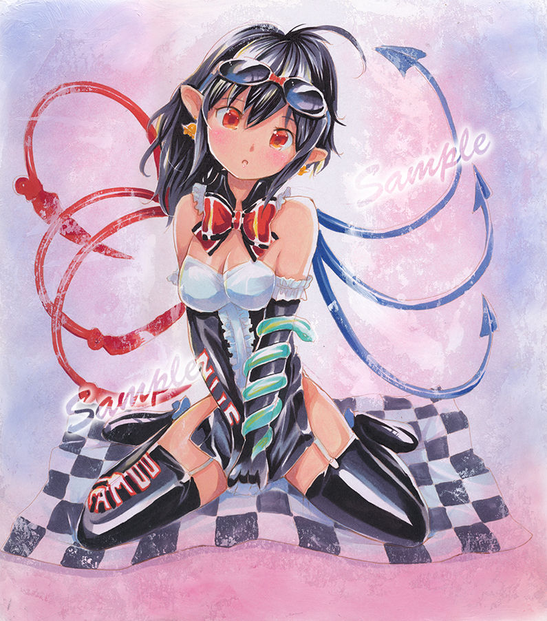 adapted_costume ahoge asymmetrical_wings bare_shoulders black_gloves black_hair black_legwear bow breasts checkered checkered_flag cleavage elbow_gloves eyewear_on_head flag garter_straps gloves houjuu_nue long_hair marker_(medium) mayo_riyo medium_breasts pointy_ears race_queen red_eyes sample sitting snake solo sunglasses thighhighs touhou traditional_media wariza wings