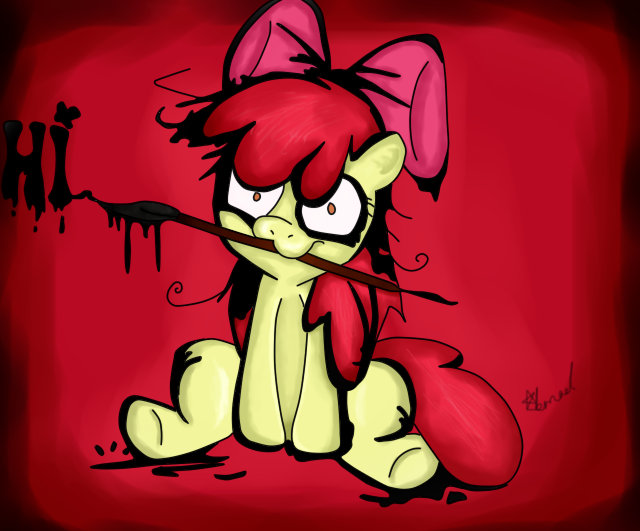 blood creepy cub cute dialog englsh_text female feral friendship_is_magic hair hair_bow insane my_little_pony red_eyes red_hair solo story_of_the_blanks text unknown_artist yellow_fur young