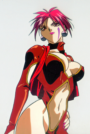 90s breasts cel cell cleavage erect_nipples fatal_fury lipstick lowres makeup oobari_masami panni panni_(fatal_fury) pink_hair production spandex