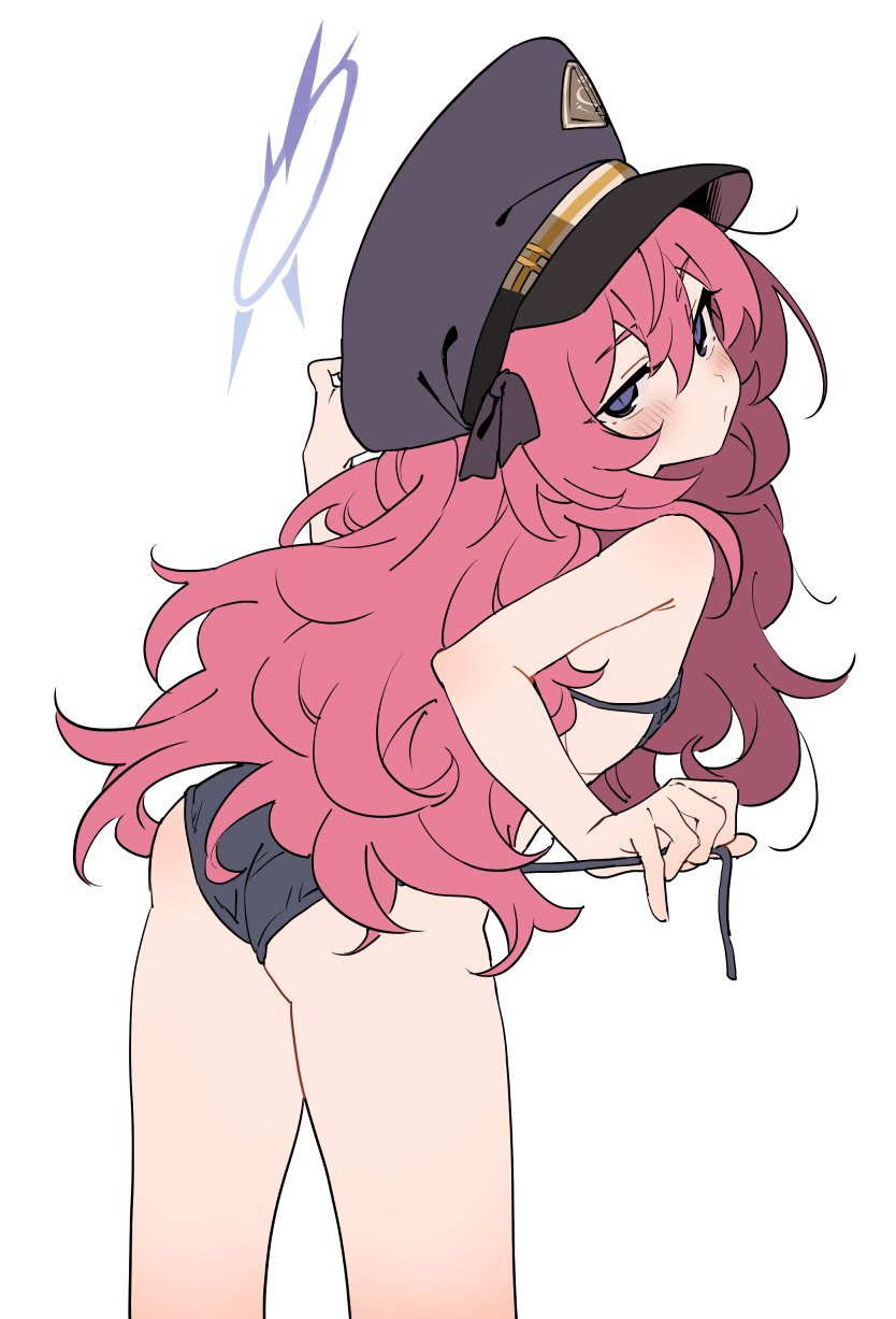 1girl ass bare_arms bare_legs bare_shoulders bikini black_bikini black_headwear blue_archive blush closed_mouth cowboy_shot flat_chest grey_eyes hair_between_eyes halo hat highres iroha_(blue_archive) long_hair looking_at_viewer looking_back manarou peaked_cap purple_halo red_hair simple_background solo swimsuit white_background