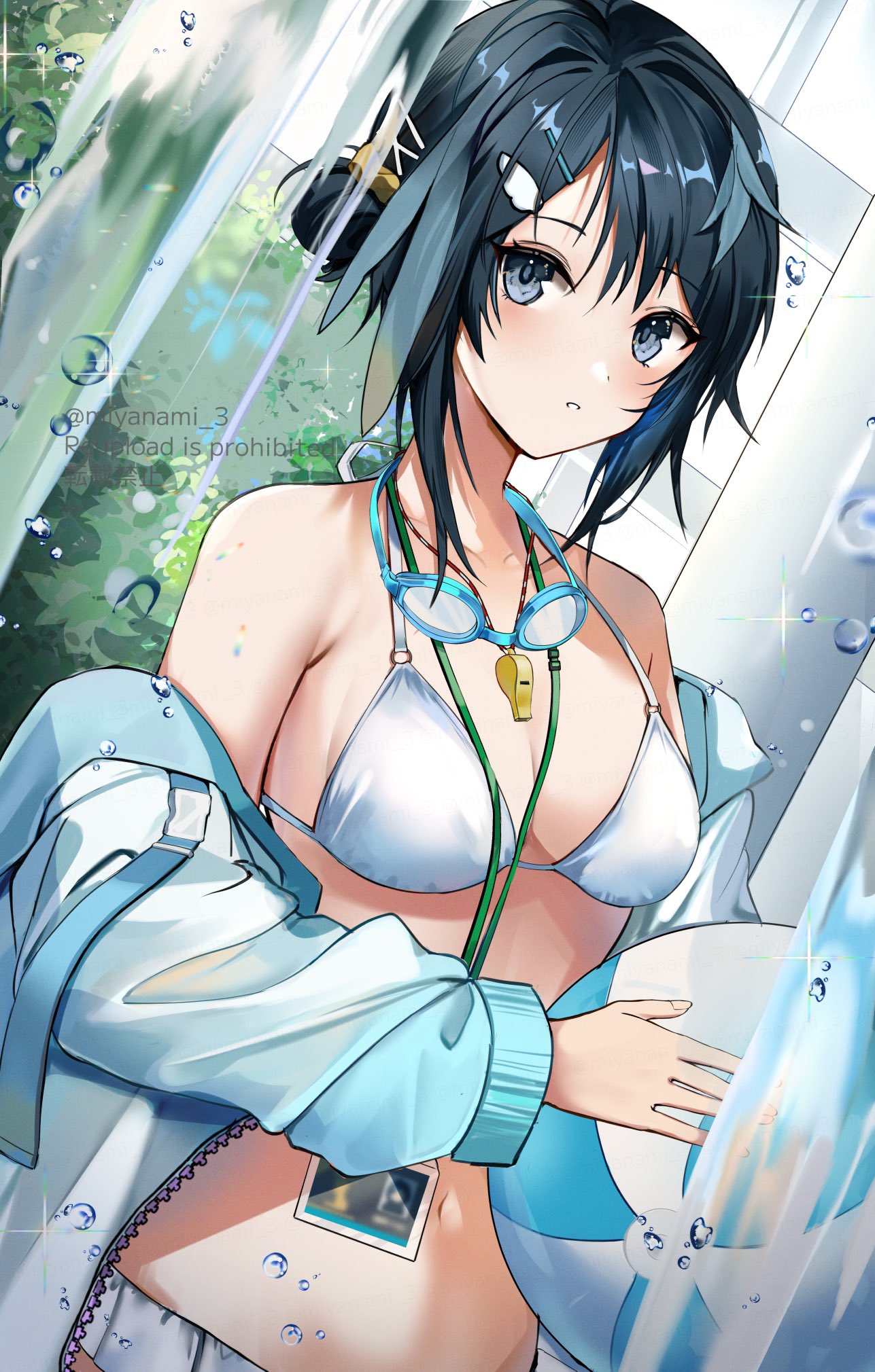 1girl arknights ball beachball bikini black_hair blush breasts bush commentary dutch_angle feather_fan goggles goggles_around_neck grey_eyes hair_up highres holding holding_ball id_card jacket la_pluma_(arknights) la_pluma_(summer_flowers)_(arknights) looking_at_viewer medium_breasts miyanami_3 official_alternate_costume outdoors parted_lips solo swim_goggles swimsuit twitter_username upper_body water whistle white_bikini white_jacket window