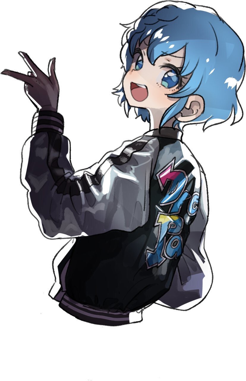 1girl :d blue_eyes blue_hair clothes_writing cropped_torso dorothy_west group_name hand_up highres jacket letterman_jacket long_sleeves looking_at_viewer looking_back open_mouth pretty_series pripara ritsu_(roboroboro) short_hair simple_background smile solo upper_body w white_background