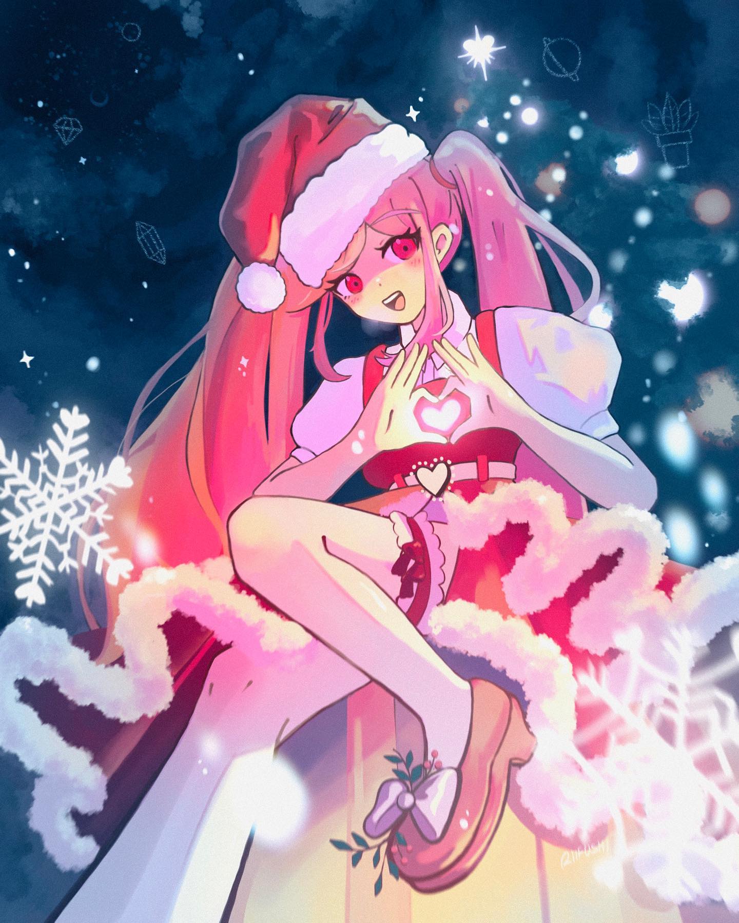 1girl blush bow christmas christmas_tree commentary dress english_commentary foot_out_of_frame footwear_bow fur-trimmed_headwear fur_trim hat heart heart_hands highres knee_up long_hair looking_at_viewer mistletoe omori open_mouth perfectheart_(omori) pink_eyes pink_hair puffy_short_sleeves puffy_sleeves red_dress riifushi santa_hat short_sleeves sidelocks sitting smile snowflakes solo teeth thighhighs twintails upper_teeth_only very_long_hair white_thighhighs