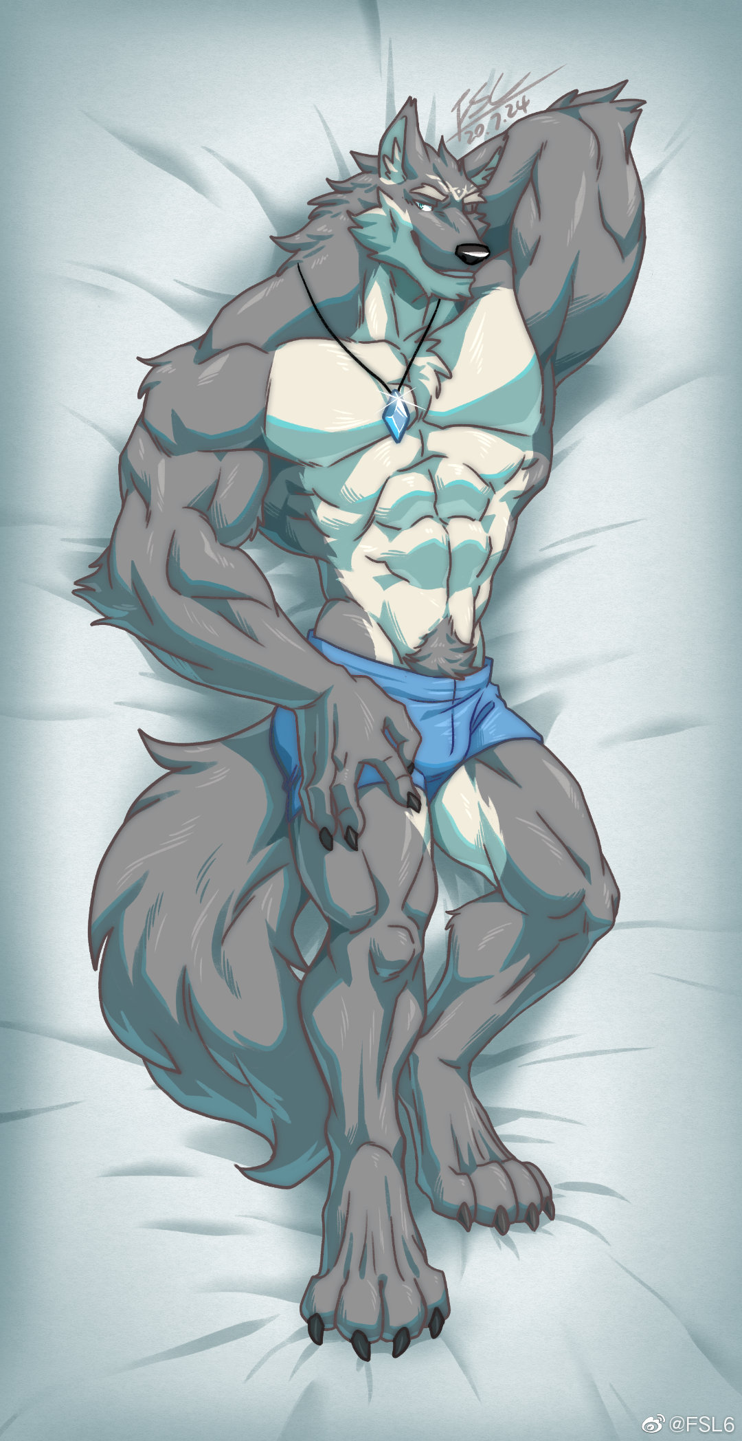 2020 5_fingers abs anthro artist_name bedroom_eyes black_claws black_nose blue_clothing blue_gem blue_underwear boxer_briefs canid canine canis claws clothed clothing dated digital_media_(artwork) fingers fluffy fluffy_tail forehead_tattoo front_view fur gem_glint glint grey_body grey_fur hand_behind_head hand_on_leg hand_on_thigh hi_res high-angle_view jewelry looking_at_viewer lying male mammal muscular muscular_anthro muscular_arms muscular_male muscular_thighs narrowed_eyes necklace on_back pecs pendant pubes seductive signature small_waist smile smiling_at_viewer smirk smirking_at_viewer solo solomon_(fuguri) tail teal_eyes topless topless_anthro topless_male underwear vju79 weibo weibo_logo white_body white_fur wolf