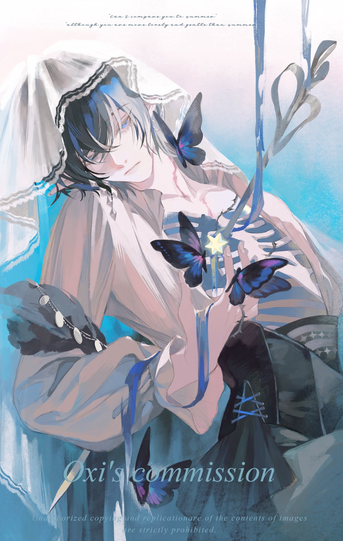 1boy bishounen black_hair blue_background blue_eyes blue_hair blue_ribbon bone bug butterfly butterfly_on_hand closed_mouth collarbone commission commissioner_name english_text exposed_bone gradient_background grey_pants half-closed_eyes hand_up head_tilt highres holding holding_star jacket long_sleeves looking_at_viewer male_focus multicolored_background multicolored_hair original oxi206 pants pink_background purple_butterfly reclining ribbon ribs short_hair skeleton solo star_(symbol) streaked_hair two-tone_hair veil watermark white_background white_jacket