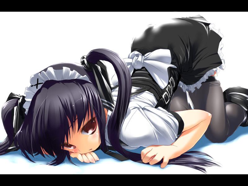 all_fours black_hair hima kooh letterboxed long_hair maid non-web_source pangya red_eyes solo thighhighs top-down_bottom-up twintails