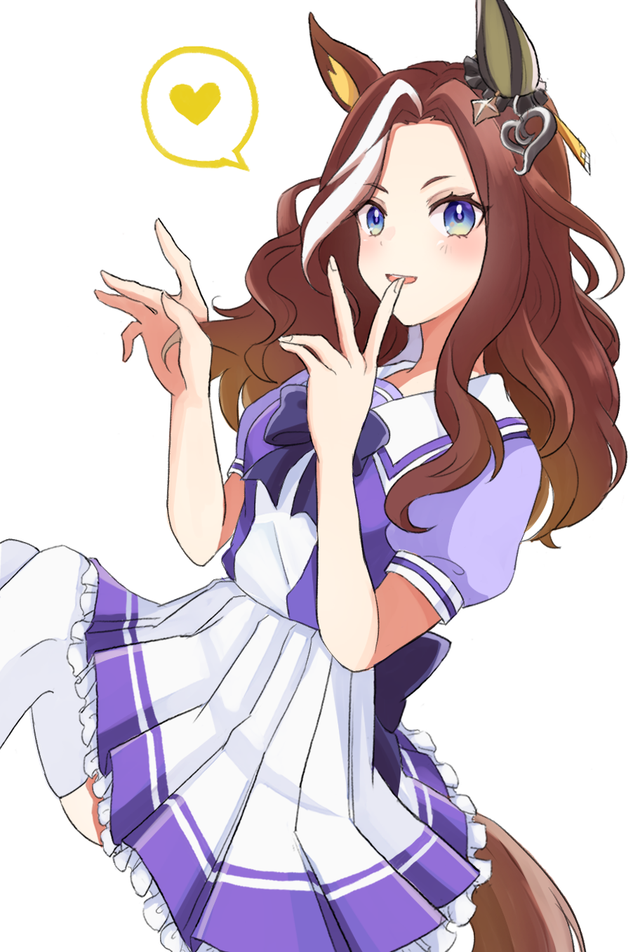 1girl :d animal_ears blue_eyes bow bowtie brown_hair commentary daring_heart_(umamusume) ear_covers from_side heart highres horse_ears horse_girl long_hair looking_at_viewer multicolored_hair pleated_skirt puffy_short_sleeves puffy_sleeves purple_bow purple_bowtie purple_shirt sailor_collar sailor_shirt school_uniform shirt short_sleeves simple_background single_ear_cover skirt smile solo spoken_heart streaked_hair thighhighs tracen_school_uniform umamusume usako_(umauma0602) v white_background white_hair white_skirt white_thighhighs