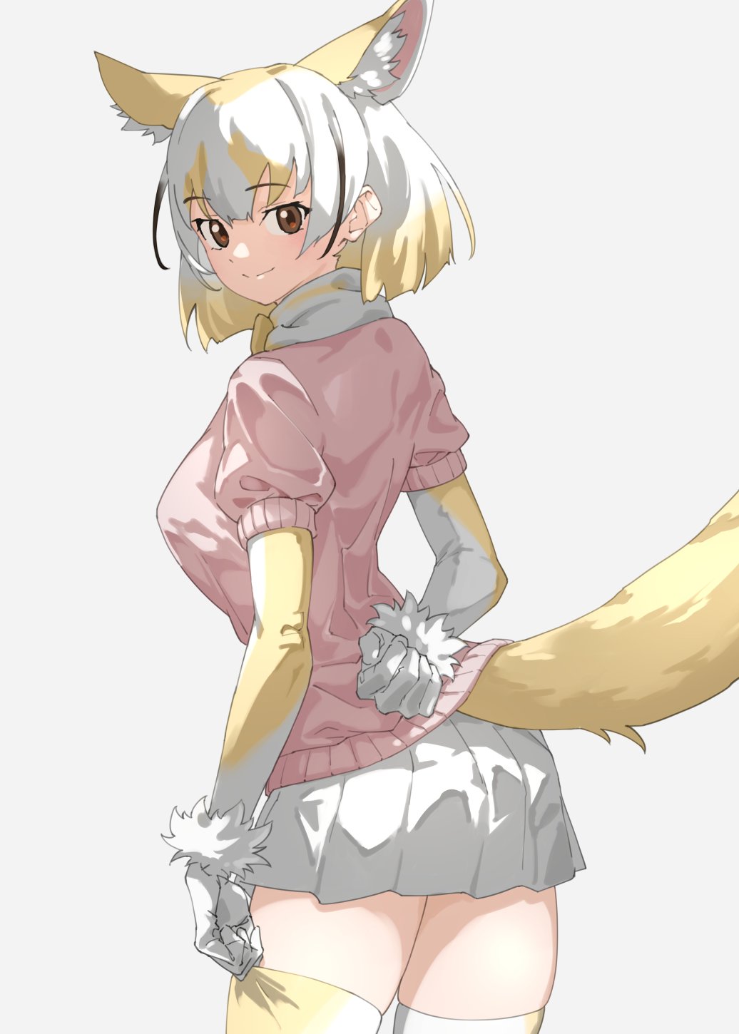 1girl adjusting_clothes adjusting_legwear animal_ears blonde_hair blush brown_eyes cowboy_shot elbow_gloves extra_ears fennec_(kemono_friends) fox_ears fox_girl fox_tail from_behind fur_trim gloves hair_between_eyes highres kemono_friends looking_back multicolored_hair pink_sweater pleated_skirt puffy_short_sleeves puffy_sleeves short_hair short_sleeves sidelocks skirt smile solo sweater tail tanabe_(fueisei) thighhighs two-tone_gloves white_fur white_gloves white_hair white_skirt yellow_gloves yellow_thighhighs zettai_ryouiki