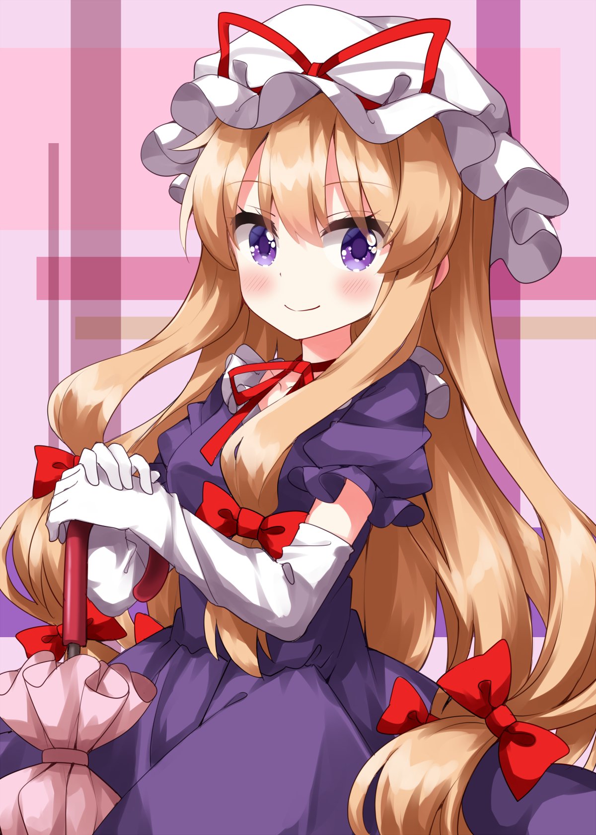 1girl blush bow breasts choker closed_mouth commentary_request cowboy_shot dress elbow_gloves frilled_dress frills gloves hair_bow hat hat_ribbon highres long_hair mob_cap puffy_short_sleeves puffy_sleeves purple_dress purple_eyes red_bow red_ribbon ribbon ribbon_choker ruu_(tksymkw) short_sleeves sidelocks small_breasts smile solo touhou very_long_hair white_gloves white_headwear yakumo_yukari