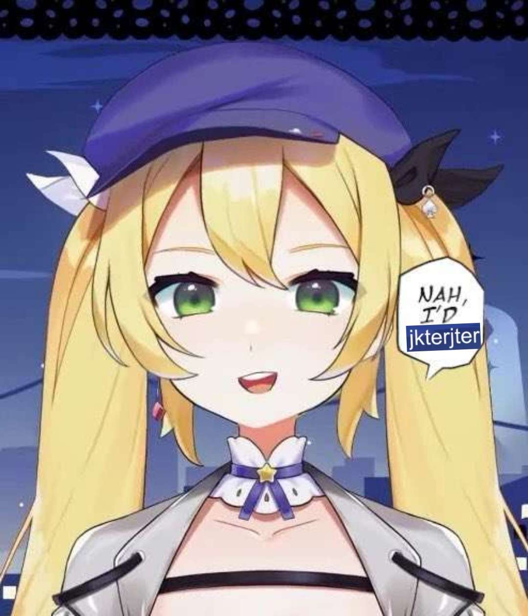 1girl blonde_hair blue_background blue_headwear collarbone dokibird_(vtuber) green_eyes hat highres jkterjter_(phrase) jpeg_artifacts looking_at_viewer meme non-web_source open_mouth selen_tatsuki simple_background smug solo speech_bubble teeth upper_body upper_teeth_only virtual_youtuber