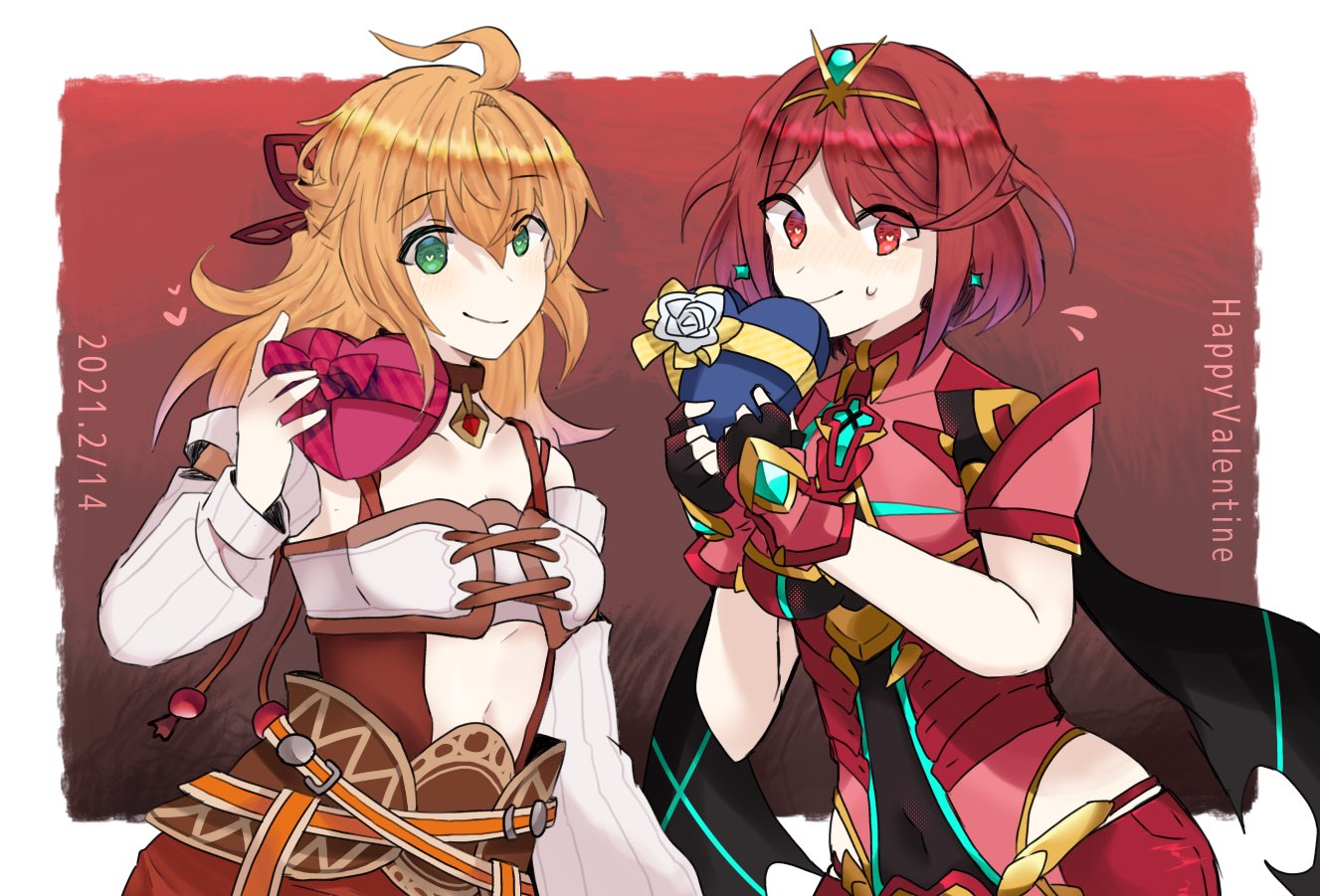 2girls blonde_hair breasts closed_mouth covered_navel earrings fingerless_gloves fiora_(xenoblade) gloves green_eyes happy_valentine jewelry long_hair looking_at_viewer mugimugis multiple_girls pyra_(xenoblade) red_eyes red_hair short_hair smile swept_bangs tiara valentine xenoblade_chronicles_(series) xenoblade_chronicles_1 xenoblade_chronicles_2