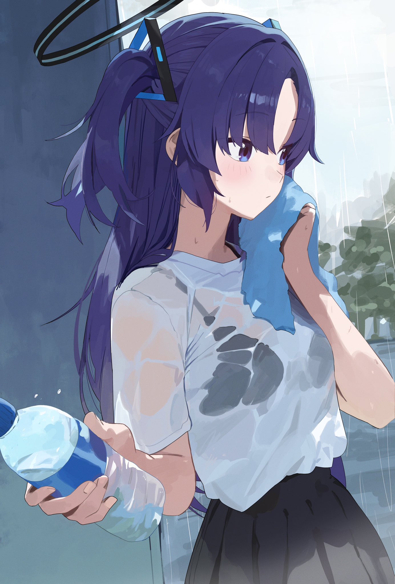 1girl alternate_costume black_bra black_halo blue_archive blue_eyes blue_hair blue_towel blush bottle bra bra_visible_through_clothes closed_mouth commentary day halo highres holding holding_bottle holding_towel looking_to_the_side mechanical_halo outdoors parted_bangs plastic_bottle pleated_skirt rain see-through see-through_shirt shirt short_sleeves skirt solo towel triangle_hair_ornament two_side_up underwear upper_body ushiwaka water water_bottle white_shirt yuuka_(blue_archive)