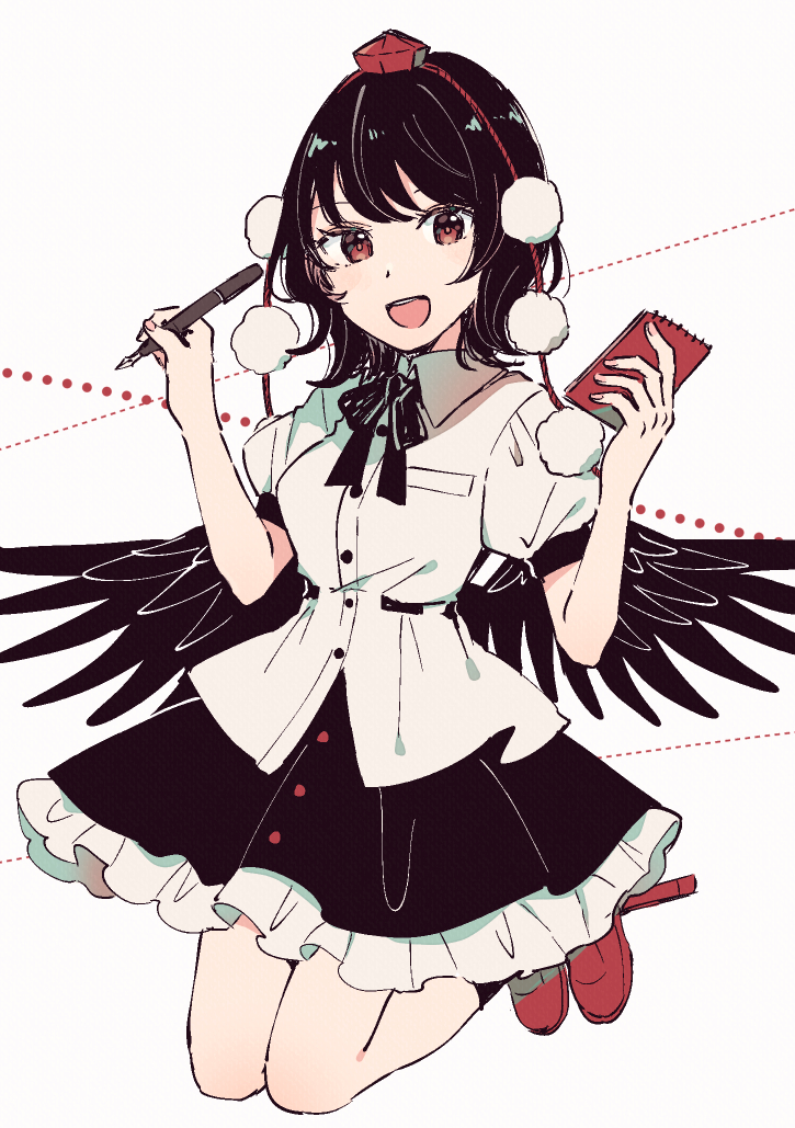 1girl :d black_bow black_bowtie black_hair black_skirt black_wings bow bowtie brown_eyes buttons collared_shirt commentary_request dress_shirt fingernails frilled_skirt frills full_body geta hands_up hat holding holding_notepad holding_pen looking_at_viewer mozukuzu_(manukedori) nib_pen_(object) notepad open_mouth pen pom_pom_(clothes) puffy_short_sleeves puffy_sleeves shameimaru_aya shirt short_hair short_sleeves skirt smile solo split_mouth teeth tengu-geta tokin_hat touhou upper_teeth_only white_background white_shirt wings