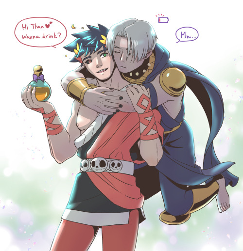 2boys ancient_greek_clothes astraea_f battery_indicator black_hair black_nails black_sclera colored_sclera english_text floating gorget greco-roman_clothes green_eyes hades_(series) hades_1 heterochromia hug hug_from_behind laurel_crown male_focus mismatched_sclera multiple_boys nectar_(hades) red_eyes thanatos_(hades) white_hair yaoi yellow_eyes zagreus_(hades)
