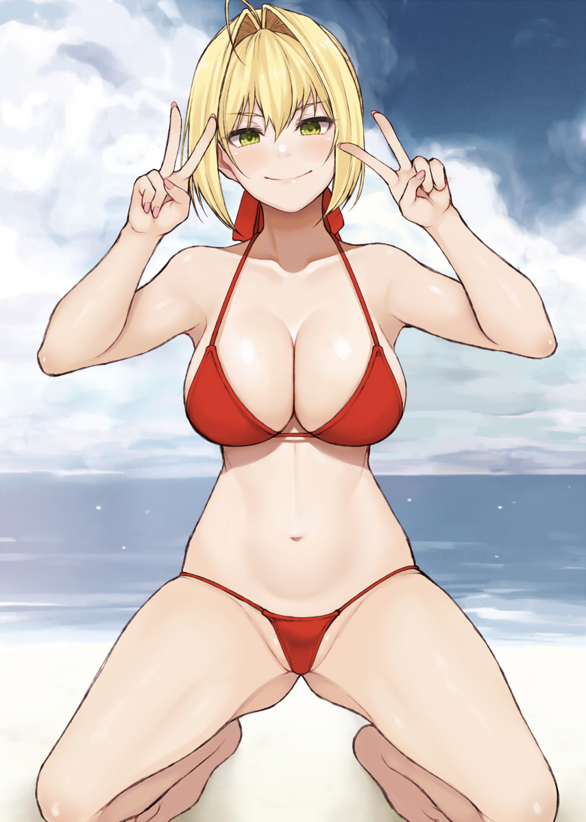 1girl ahoge bare_shoulders barefoot beach bikini blonde_hair blue_sky blush breasts cleavage closed_mouth cocq_taichou collarbone double_v fate/extra fate_(series) green_eyes hair_bun hair_intakes hair_ribbon highres kneeling large_breasts long_hair looking_at_viewer navel nero_claudius_(fate) nero_claudius_(fate/extra) ocean red_bikini red_ribbon ribbon shore sky smile solo swimsuit thighs v