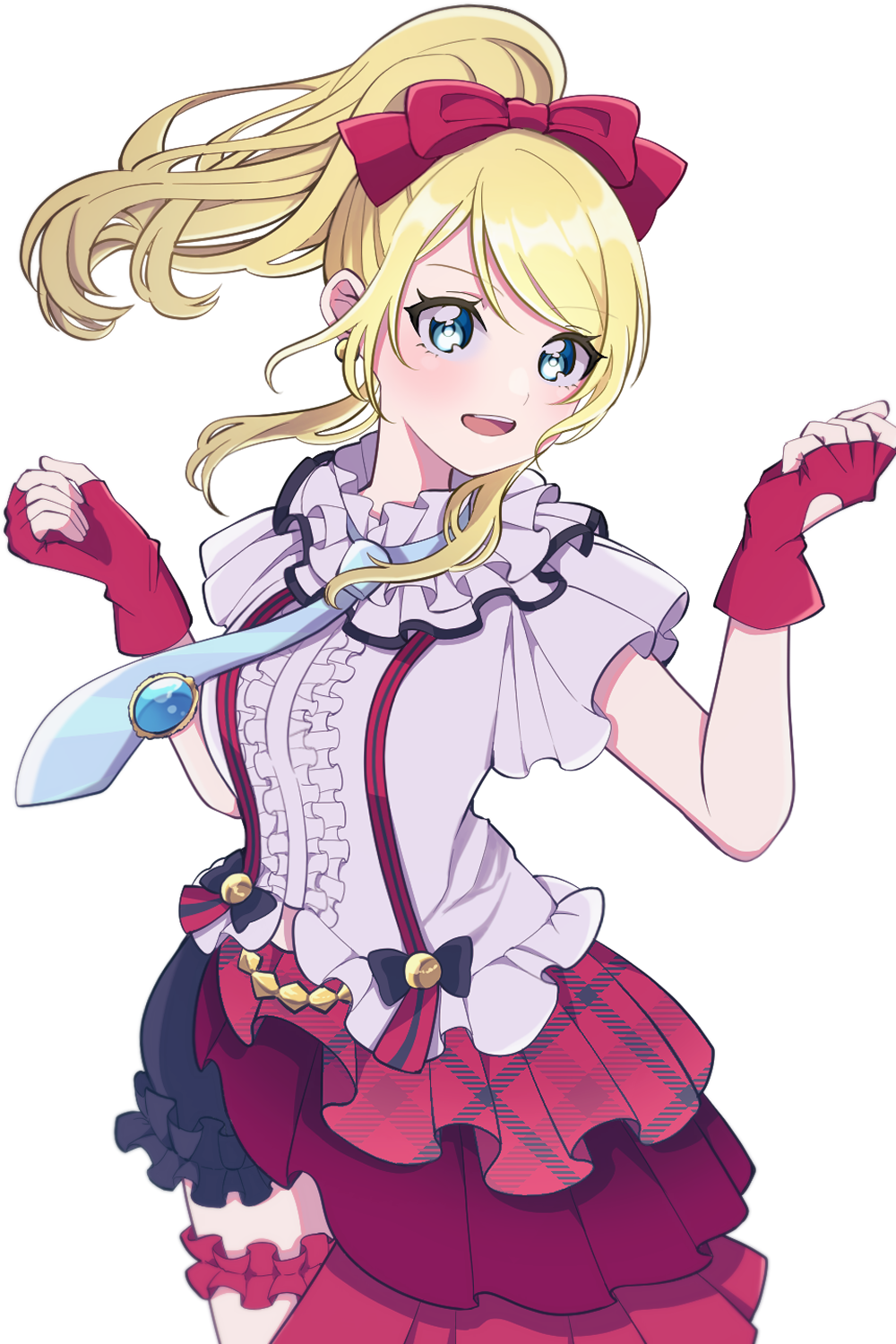 1girl ayase_eli blonde_hair blue_eyes blue_necktie bokura_wa_ima_no_naka_de commentary commentary_request earrings fingerless_gloves frilled_shirt frills gloves highres jewelry kam_tuki long_hair looking_at_viewer love_live! love_live!_school_idol_project necktie open_mouth plaid plaid_skirt ponytail puffy_shorts red_gloves red_skirt shirt short_sleeves shorts sidelocks skirt solo suspender_skirt suspenders upper_body white_background white_shirt