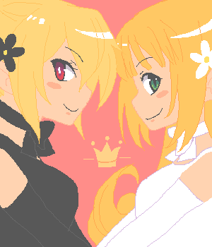 blonde_hair crown disgaea dress flower green_eyes kururu_(little_princess) little_princess long_hair lowres makai_senki_disgaea_2 marl_kingdom multiple_girls parody red_eyes rozalin tsuyuka_(sunny_spot)