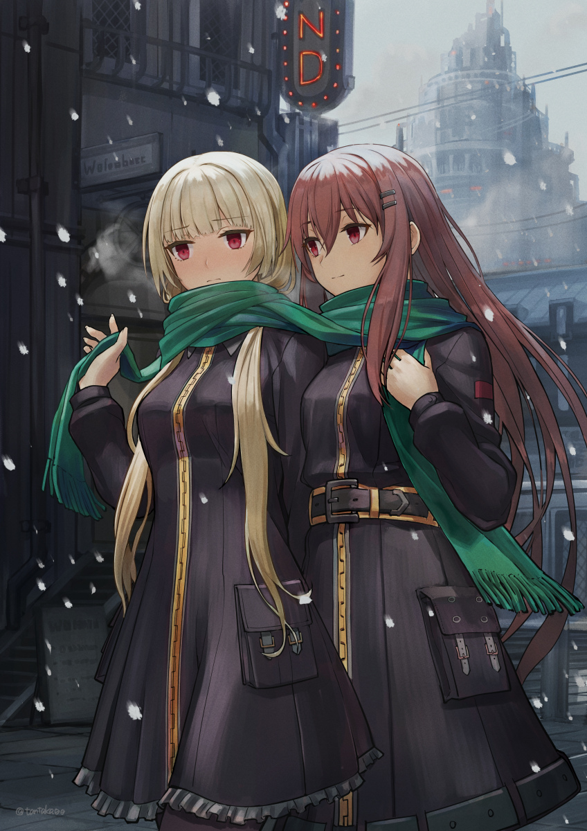 2girls belt blush breasts brown_hair closed_mouth commentary_request commission hair_between_eyes hair_ornament hairclip highres jacket laica_(marfusha) long_hair marfusha marfusha_(marfusha) medium_breasts multiple_girls red_eyes scarf shared_clothes shared_scarf skeb_commission smile snowing tantaka