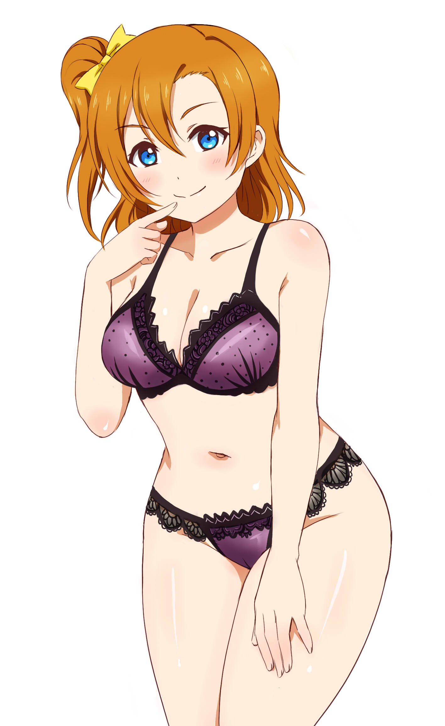 asymmetrical_bangs blue_eyes box_wonderland bra breasts cleavage closed_mouth collarbone english_commentary finger_to_mouth hand_on_own_thigh highres kousaka_honoka lace-trimmed_bra lace-trimmed_panties lace_trim looking_at_viewer love_live! love_live!_school_idol_project medium_breasts medium_hair navel one_side_up orange_hair panties purple_bra purple_panties smile underwear white_background