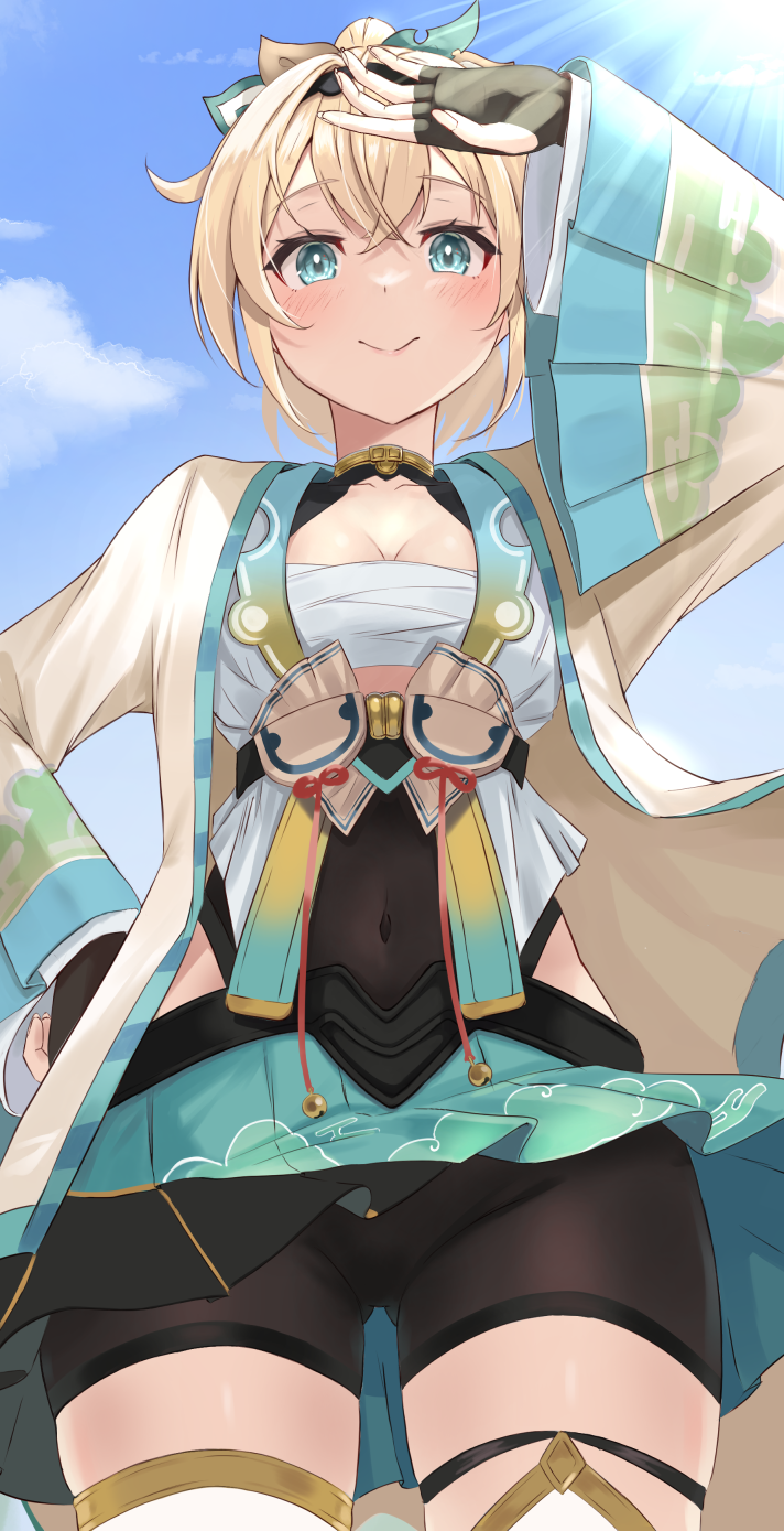 1girl aqua_eyes arm_up black_gloves black_shorts blonde_hair blue_sky breasts chest_sarashi closed_mouth cloud commentary_request covered_navel cowboy_shot day fingerless_gloves from_below gloves hand_on_own_forehead hand_on_own_hip haori highres hololive japanese_clothes kazama_iroha long_sleeves looking_at_viewer medium_hair outdoors ponytail sarashi shorts sky small_breasts smile solo sunlight thigh_strap thighs tonton_utaro virtual_youtuber wide_hips yellow_haori