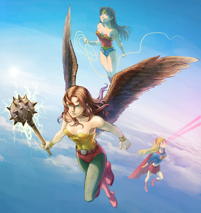 3girls alien amazon artist_request black_hair blonde_hair boots breasts cape chazono_(irakunoikura) cleavage dc_comics female flying hawkgirl justice_league kara_zor-el kryptonian lasso multiple_girls orange_hair red_shoes s_shield shoes sky star_symbol supergirl superhero trio weapon wings wonder_woman