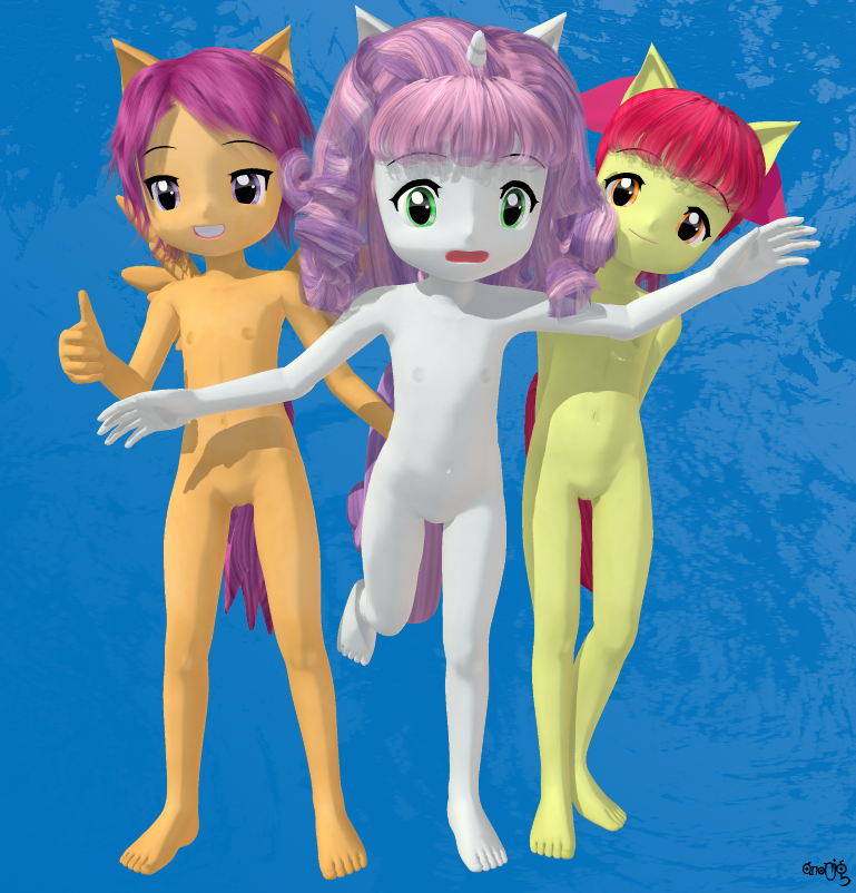 3d abstract_background animal_ears anonjg anthro anthrofied apple_bloom_(mlp) cub cutie_mark_crusaders_(mlp) female friendship_is_magic group horn human humanized mammal my_little_pony nipples poser pushing pussy scootaloo_(mlp) smile standing sweetie_belle_(mlp) wings young young_human