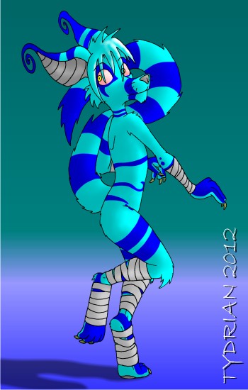 crux cyan_fur cyan_hair digitigrade looking_at_viewer markings on_one_leg paws standing tydrian wrapped wraps zhozie