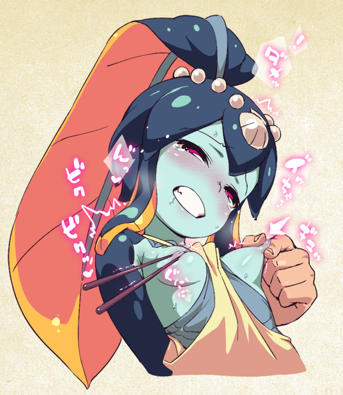 1girl apron apron_aside arms_behind_back bangs blue_skin blunt_bangs blush breast_grab breasts chopsticks clenched_teeth disembodied_limb fish_girl grabbing hair_ornament half-closed_eyes minette_(skullgirls) monster_girl nipple_pull nipple_tweak nipples nose_blush om_(nk2007) pink_eyes scales shell skullgirls small_breasts solo_focus sweat tears teeth trembling waitress wince yellow_sclera