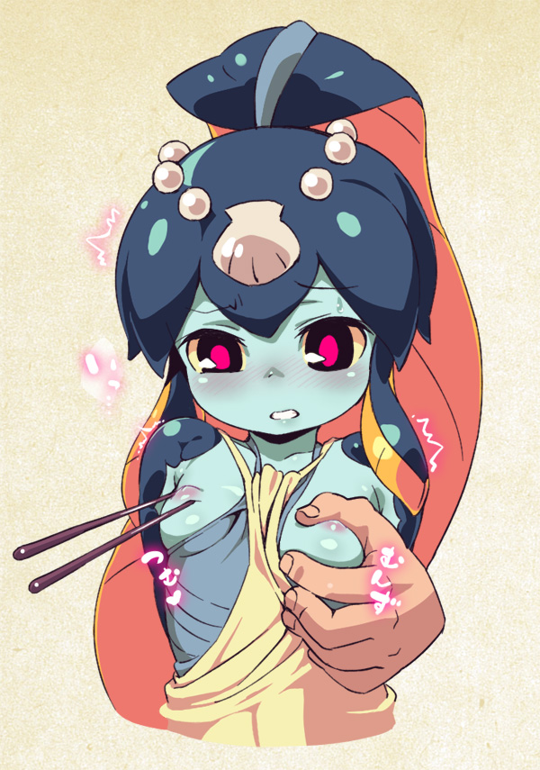 1girl apron apron_aside arms_behind_back bangs blue_skin blunt_bangs blush breast_grab breasts chopsticks disembodied_limb fish_girl grabbing hair_ornament minette_(skullgirls) monster_girl nipple_tweak nipples nose_blush om_(nk2007) pink_eyes scales shell skullgirls small_breasts solo_focus sweatdrop trembling waitress yellow_sclera