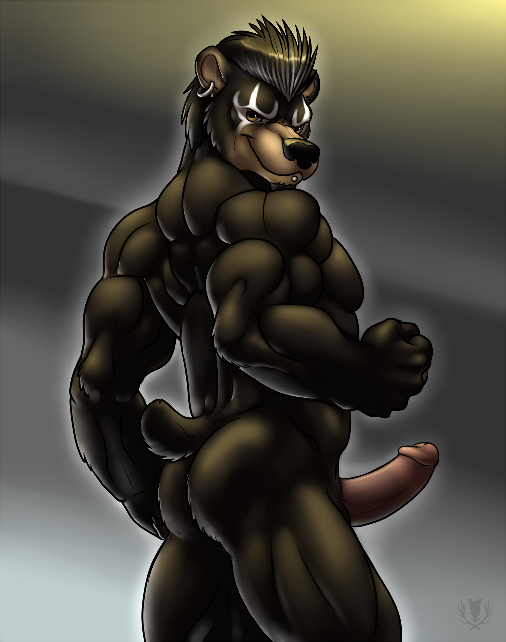 abs abstract_background anthro back back_to_viewer back_turned balls bear biceps big_muscles big_penis black_bear black_fur black_hair black_nose boondox brown_eyes brown_fur butt ear_piercing erection facial_hair facial_piercing fist flexing fur goatee grin hair humanoid_penis lip_piercing looking_at_viewer looking_back male mammal muscles naughty_face nude pecs penis piercing plain_background pose presenting presenting_hindquarters sheath small_tail smile solo standing tan_fur toned vallhund