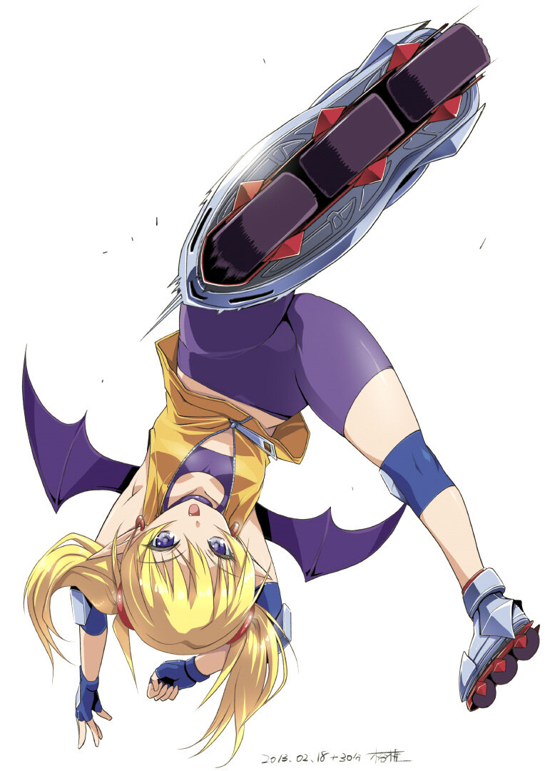 :d arcana_heart armpits arms_up bad_id bad_twitter_id bangs bat_wings bike_shorts blonde_hair blue_eyes clenched_hand collar crotch dated demon_girl earrings elbow_pads fang fingerless_gloves flat_chest floating_hair foreshortening glint gloves hair_between_eyes inline_skates jewelry jpeg_artifacts kiya_shii knee_pads kneepits lilica_felchenerow looking_at_viewer midriff motion_blur open_clothes open_mouth open_shirt pointy_ears roller_skates scrunchie shirt short_hair short_twintails signature simple_background skates sleeveless smile solo sports_bra spread_legs twintails unzipped upside-down white_background wings zipper
