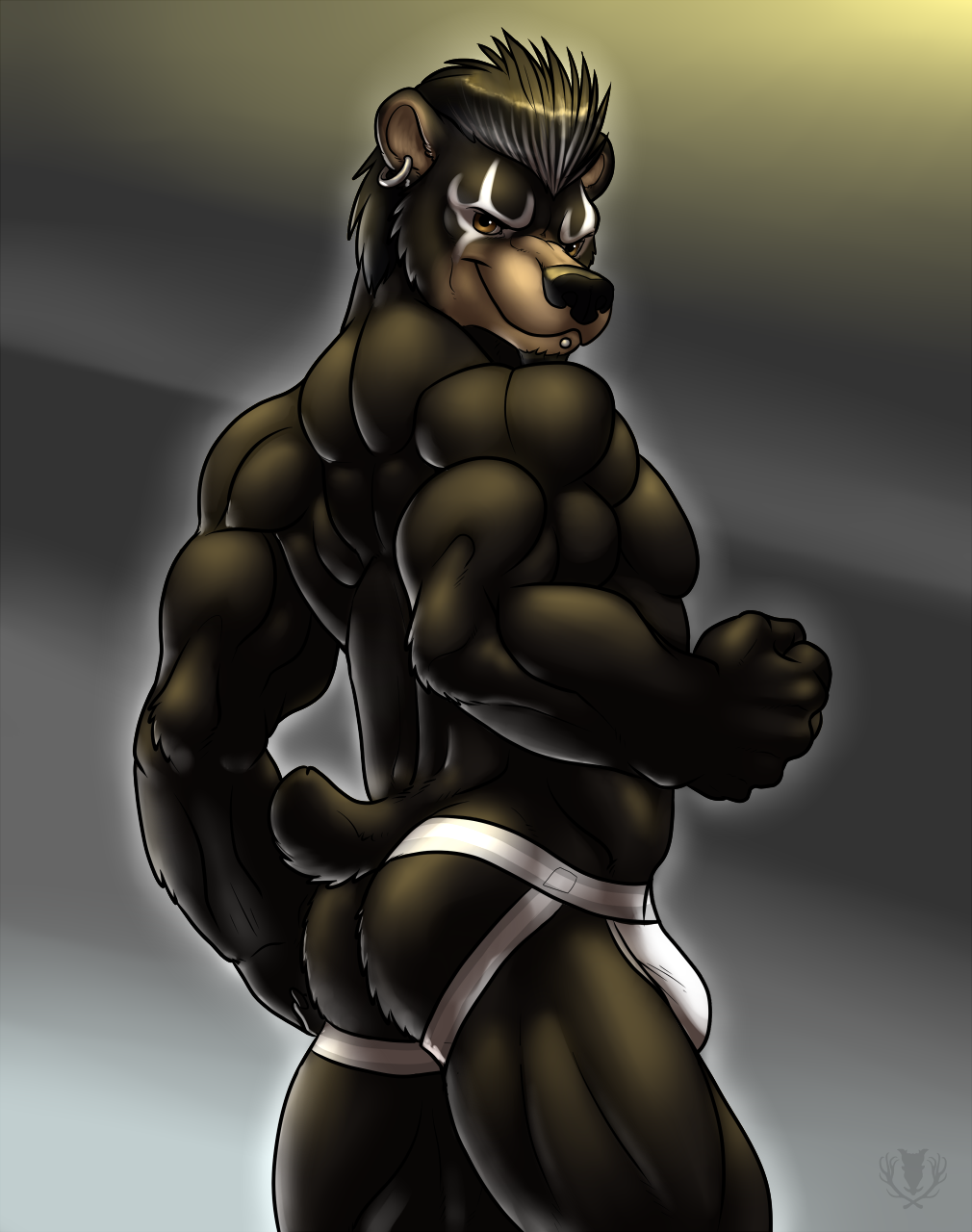 abs abstract_background anthro back back_to_viewer back_turned bear biceps big_muscles black_bear black_fur black_hair black_nose boondox brown_eyes brown_fur bulge butt ear_piercing facial_hair facial_piercing fist flexing fur goatee grin hair jockstrap lip_piercing looking_at_viewer looking_back male mammal muscles naughty_face panties pecs piercing pose presenting presenting_hindquarters small_tail smile solo standing tan_fur toned topless underwear vallhund