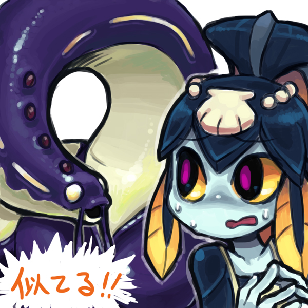 apron bad_id bad_pixiv_id bangs blue_skin blunt_bangs eel elegen fish_girl hair_ornament kimura_senri kyoushoku_soukou_guyver minette_(skullgirls) monster_girl pink_eyes shell skullgirls sweatdrop translation_request yellow_sclera