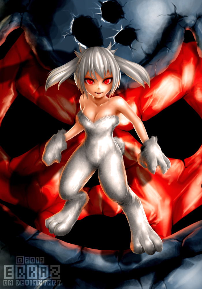 3_toes breasts cave_story detailed_background digitigrade erkaz fangs female frontal_view fur fursuit hair human lagomorph long_shot looking_at_viewer mammal mimiga monster monster_girl naturally_censored open_mouth paw_gloves pose red_eyes rock shaded short_tail skull slit_pupils solo standing sue_sakamoto topless video_games watermark white_fur white_hair