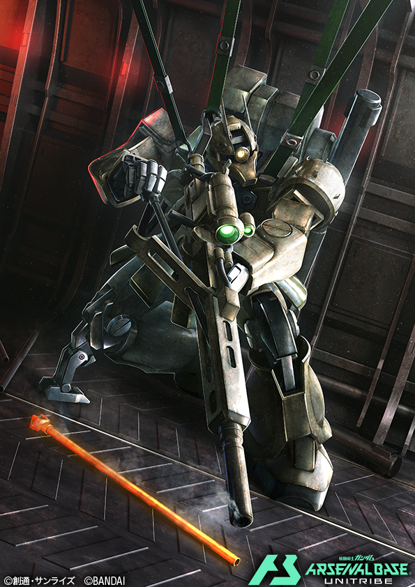 english_text glowing glowing_eye glowing_hot gun gundam gundam_arsenal_base gundam_unicorn holding holding_gun holding_weapon igaraigara mecha no_humans official_art one-eyed rifle robot sniper_rifle strap weapon zaku_i_sniper_type