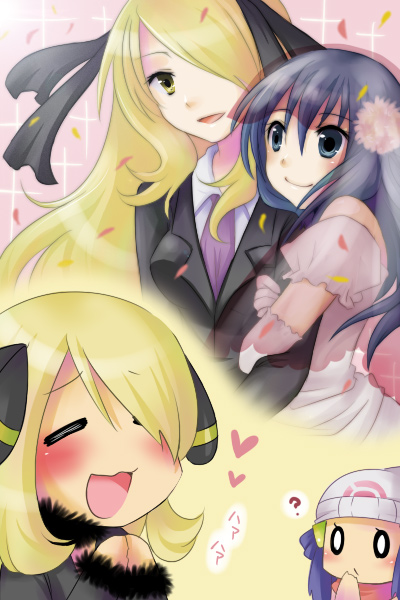 ? age_difference arm_hug blush business_suit flower formal hair_flower hair_ornament hair_over_one_eye hat heart hikari_(pokemon) imagining long_hair multiple_girls pokemon pokemon_(game) pokemon_dppt sebun shirona_(pokemon) smile suit yuri