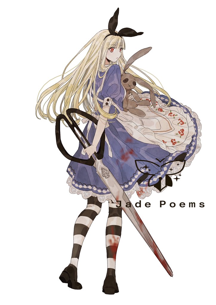 1girl alice_(alice_in_wonderland) alice_in_wonderland apron bity3155660241 black_footwear blonde_hair blood blood_on_clothes blood_on_weapon blue_dress bow dress from_behind full_body hair_bow hairband holding holding_weapon long_hair looking_at_viewer looking_back oversized_object pantyhose puffy_short_sleeves puffy_sleeves rabbit red_eyes scissors shoes short_sleeves simple_background solo standing striped_clothes striped_pantyhose stuffed_animal stuffed_rabbit stuffed_toy weapon white_background