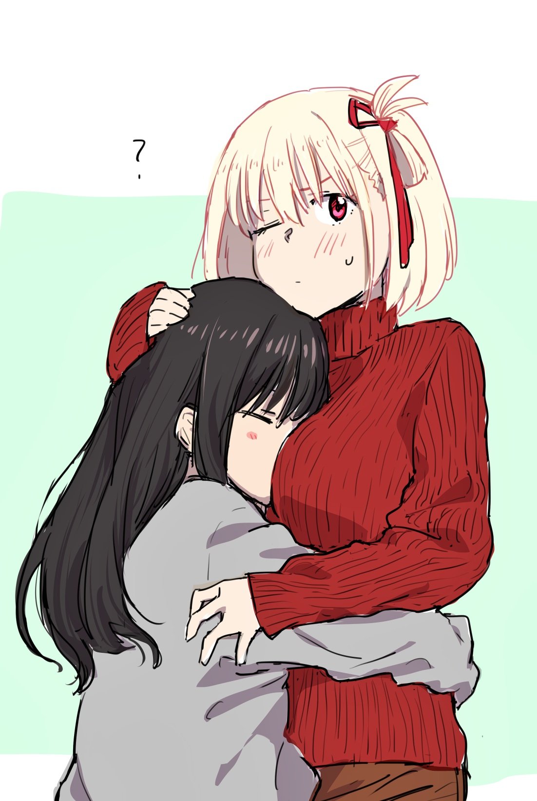 2girls ? between_breasts black_hair blonde_hair blush bob_cut breasts closed_eyes commentary face_between_breasts grey_sweater hair_ribbon hand_on_another's_head head_between_breasts highres inoue_takina jo_er large_breasts long_hair long_sleeves lycoris_recoil multiple_girls nishikigi_chisato one_eye_closed one_side_up red_eyes red_ribbon red_sweater ribbed_sweater ribbon short_hair sidelocks sleeves_past_wrists sweater yuri